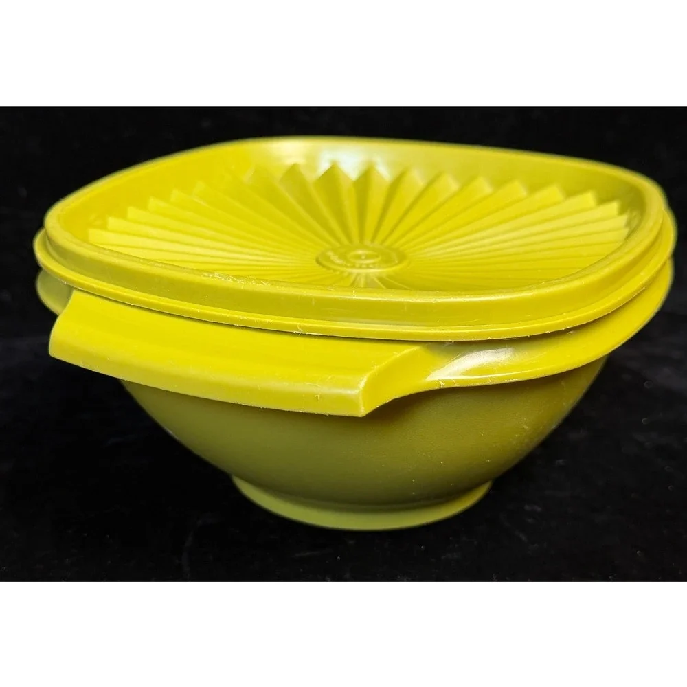 Vintage Tupperware Servalier Bowls: Yellow, Sunburst Lids, Set of 2